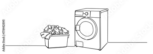 Continuous line drawing of a modern washing machine and laundry basket vector illustration vector