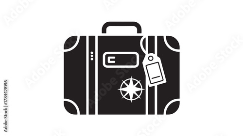 Black and white suitcase icon with tag flat vector illustration for travel and tourism isolated on white background