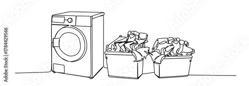 Continuous line drawing of a modern washing machine and laundry basket vector illustration vector