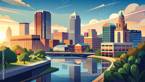 Very beautiful view of downtown Grand Rapids, Michigan, USA, featuring its modern skyline, riverfront buildings, and vibrant urban atmosphere in a realistic bright metropolitan scene.