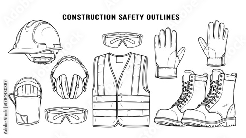Outline collection of construction safety gear — minimalist continuous line art set featuring hard hat, safety goggles, gloves, boots, and safety vest silhouettes (Construction Safety Outlines).