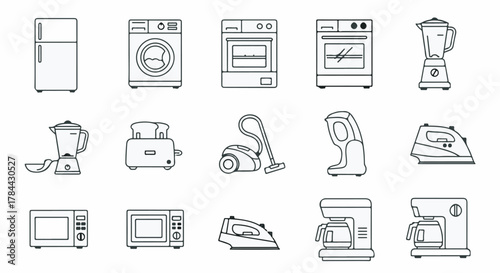 Collection of clean line art icons representing various household appliances for modern living.