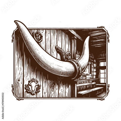 Western Saloon Wall with Longhorn Mount – Vintage Black and White Engraving