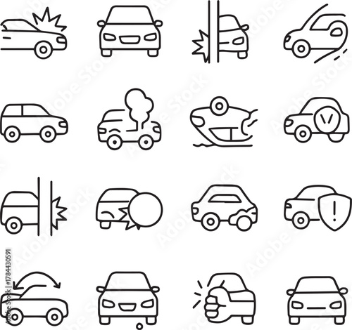 Vector monochrome line icon set about car accident