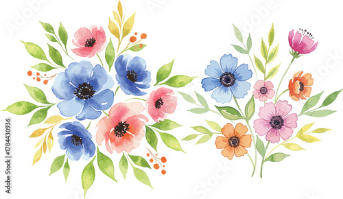 Delicate watercolor floral arrangements with blue pink and orange blossoms and green leaves