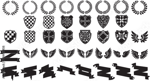Vector set of heraldic shields, laurel wreaths, angel wings, and scroll banners for logo design and badges