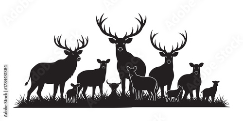 Silhouette of a deer family isolated on white