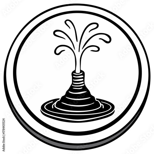 Monochrome icon of a classic tiered fountain spraying water within a circle