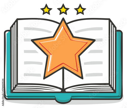 Open book with three stars above and large star in middle best rating concept