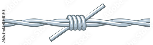 Close up illustration of detailed shiny barbed wire with sharp metallic barbs.