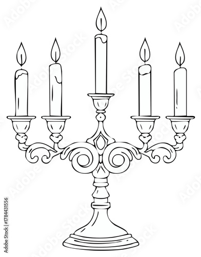 Ornate five-arm candelabra with burning candles. Decorative classic antique style illustration.