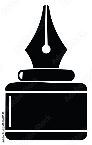Black silhouette icon of a vintage fountain pen nib on an ink bottle