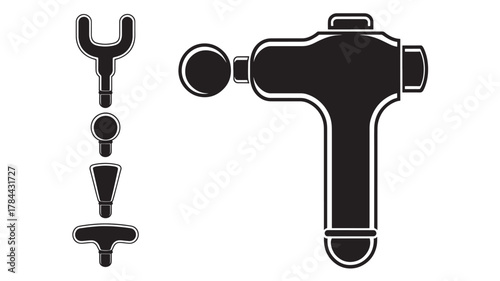 Massage gun vector illustration with different massage heads isolated on white background for physical therapy and muscle recovery
