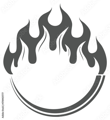 Stylized fire flames rising above a curved pipe or hose line vector graphic element