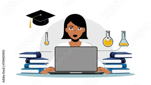 A flat vector illustration representing online education and e-learning. A female student wearing a graduation cap is sitting in front of a laptop, surrounded by stacks of books, chemistry flasks,  