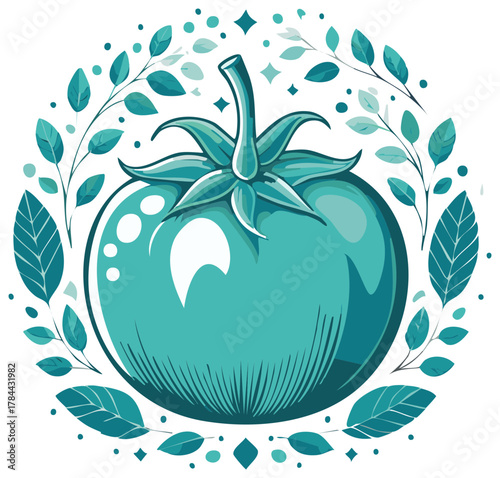 Fresh Tomato Illustration with Leaves and Floral Circle Border in Teal