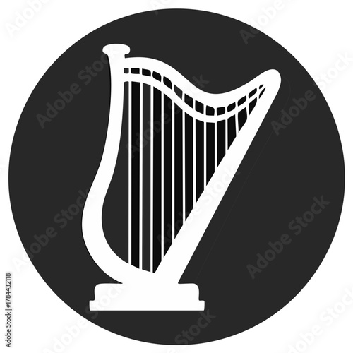 Simple vector icon of a classic harp. Monochrome silhouette of a stringed musical instrument in a black circle.