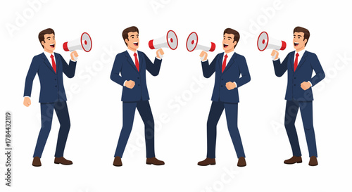 Four identical businessmen shouting through megaphones making an announcement.