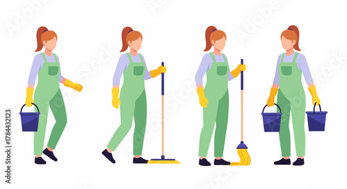 Female cleaner character in various poses holding cleaning tools like a bucket, mop, and broom on a white background.