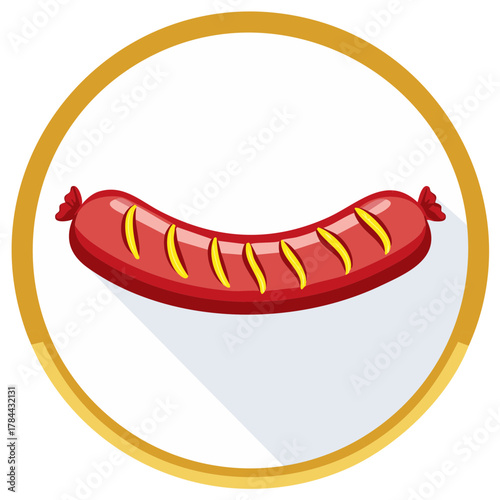 Grilled Sausage Illustration in Golden Circle Round Design Element Red Sausage Icon