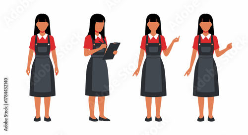 Four views of a woman in a red shirt and black apron.