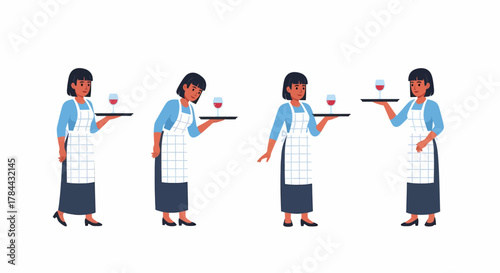Waitress carrying tray with wine glasses in different poses.