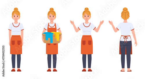 Set of a female character in an orange apron shown in different poses, including front, back, and holding a laundry basket.