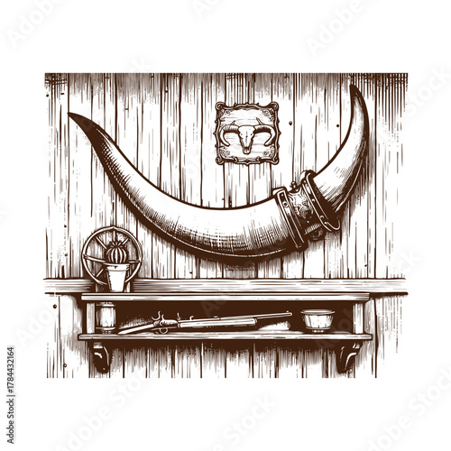 Western Saloon Wall with Longhorn Mount – Vintage Black and White Engraving