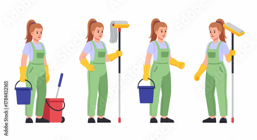 A cartoon illustration of a female cleaner in green overalls and yellow gloves, holding various cleaning tools like buckets and a squeegee.