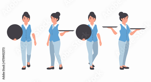 Four different poses of a female server holding a tray and a circular board.