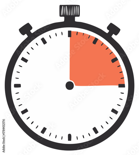 Hand drawn stopwatch icon with a 15 second timer. Quarter hour time interval illustration.