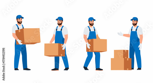 Four illustrations of a delivery man in blue overalls carrying cardboard boxes, isolated on white.