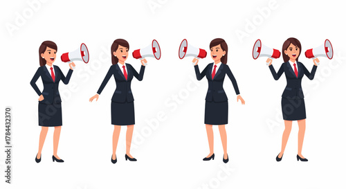 Set of a businesswoman in a formal suit holding a megaphone, shown in four different announcement poses.