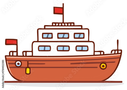 A charming cartoon illustration of a small brown and white ship with red flags