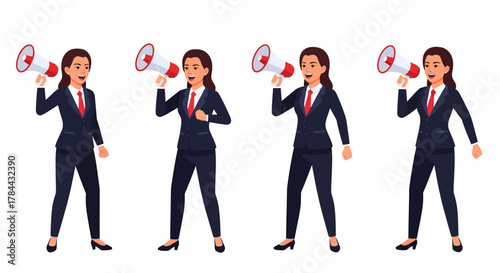Four identical women in business suits holding megaphones, conveying a message of unity and amplified communication.