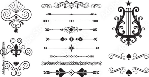 Ornate vector divider set and decorative vintage graphic elements on white background for design
