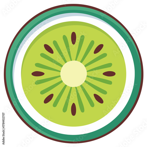 Stylized cross section of a kiwi fruit with vibrant green flesh and dark seeds