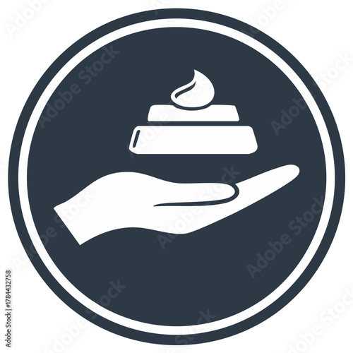 Hand Holding Cream Soap Lotion Treatment Application in Circular Emblem