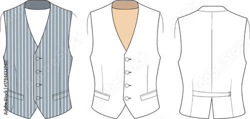Men vest fashion design, technical flat sketch, CAD drawing vector illustration, tailored clothing template, apparel mockup, garment construction front back view