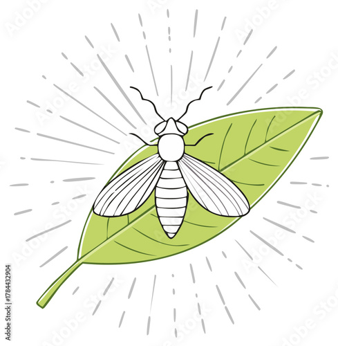 Simple line art illustration of an insect resting on a vibrant green leaf with radiating sunburst lines