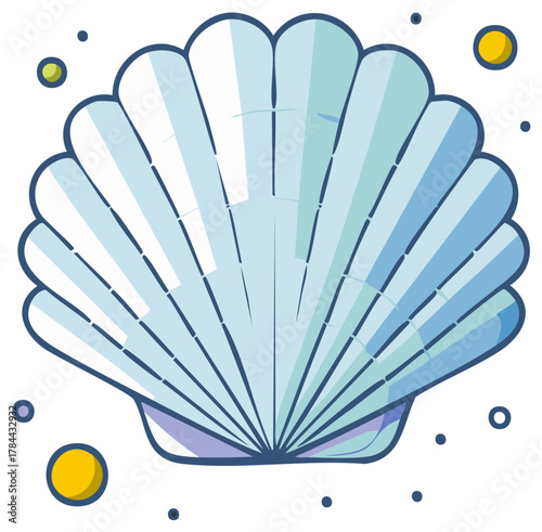 Stylized Light Blue Seashell with Bubbles and Yellow Circles
