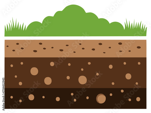 Flat vector illustration of soil layers cross section with green grass on the surface