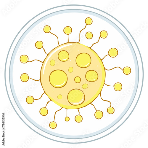Yellow cartoon virus cell with many tentacles inside a petri dish.