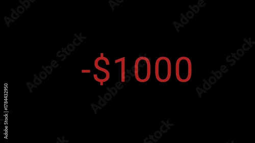 minus dollar counting animation on green black background, 4k video