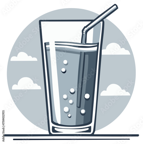 Monochromatic Tall Glass of Refreshing Bubbly Drink with a Straw and Stylized Clouds
