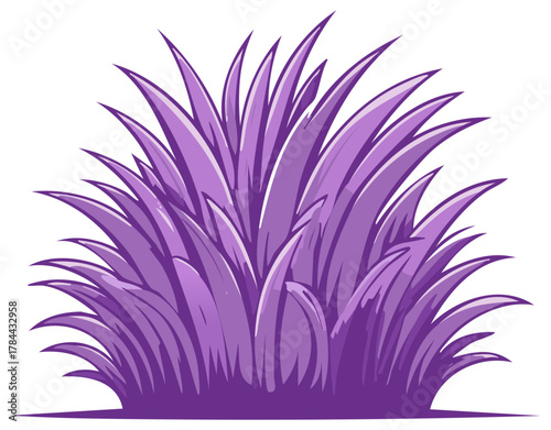 Vibrant purple ornamental grass clump with stylized sharp blades and highlights