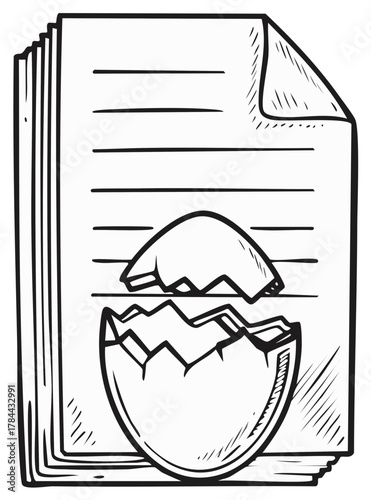 Broken eggshell over sheets of paper sketch