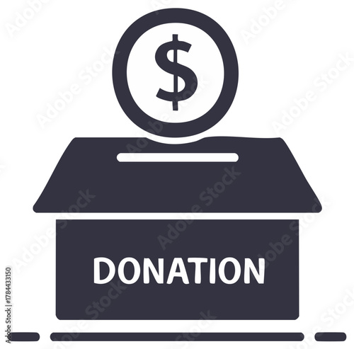 Coin falling into a donation box with dollar symbol, charity and fundraising, financial support, vector illustration.