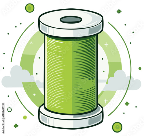 Vibrant green thread spool illustration with decorative circular elements and clouds.