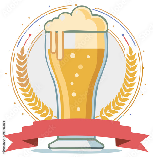 Foamy glass of beer in a circular wheat emblem with a red banner